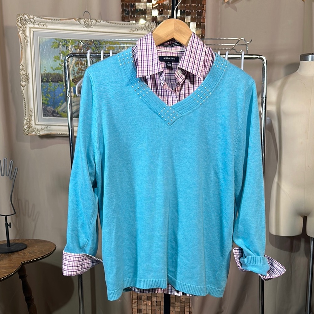 Lands' End Classic Button Down & Blue V-Neck Sweater Soft Knit